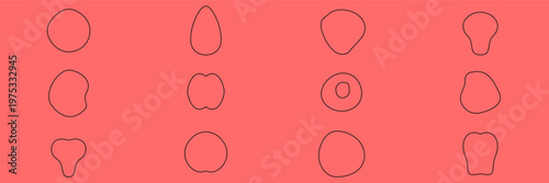 Hand-drawn minimalist set of organic line art abstract shapes and fluid blob forms red illustration
