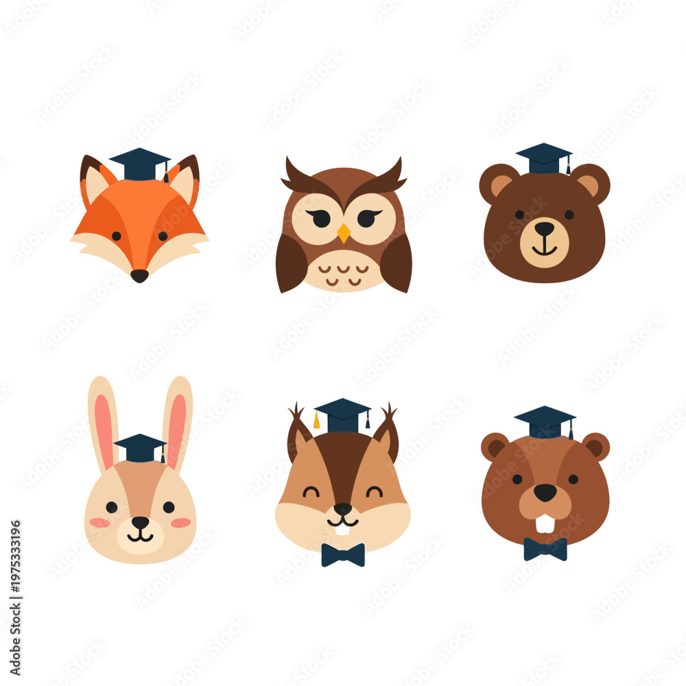 Fototapeta premium Cute cartoon animal faces with graduation caps - Set of educational icons