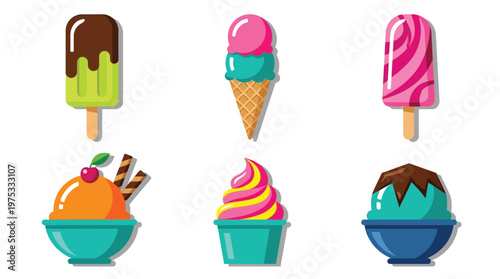 Set of Colorful Flat Ice Cream Icons Including Popsicles Cones and Sundae Bowls for Summer Menu Design
