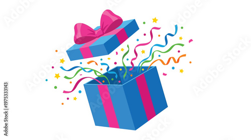 Open Blue Gift Box with Pink Ribbon and Colorful Confetti Burst Illustration on White Background for Celebration and Marketing