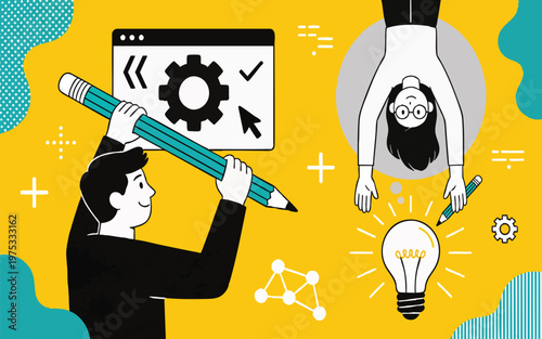 Whimsical Flat Design Illustration of Creative Team Brainstorming and Web Design