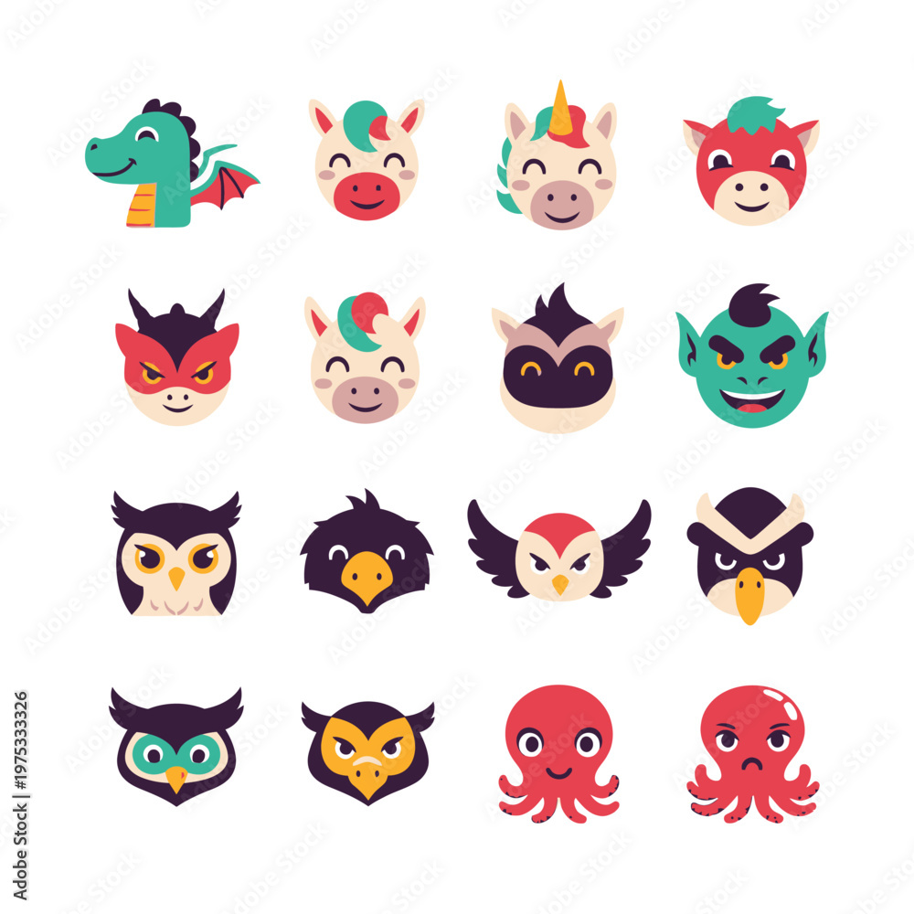 Fototapeta premium Cute Fantasy Creature Faces: Dragon, Unicorn, Monster, Owl, Octopus Icons