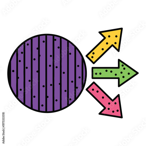 Colorful arrows pointing out from purple circle with stripes and dots icon