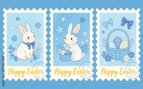Vintage Coquette Easter Postage Stamps with Cute Bunnies and Floral Baskets