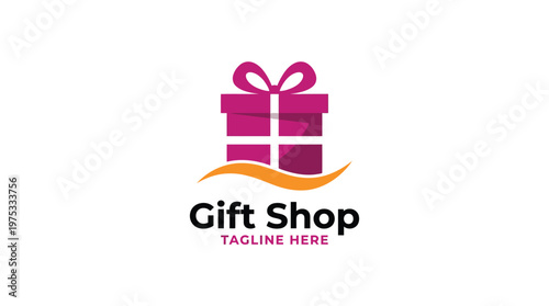 Modern Gift Shop Logo Design Template with Purple Ribbon Present and Orange Wave for Retail Business Branding