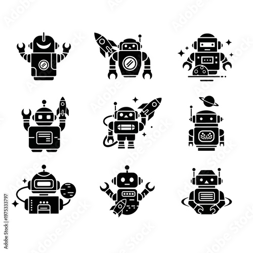 Cute Robot Icons Set, Space Exploration and Futuristic Technology