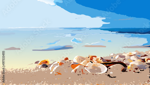 Seashells scattered on a sandy beach under a bright blue sky