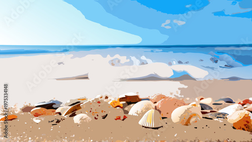 A vibrant stylized beach scene with waves and scattered seashells