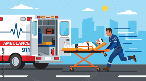 Emergency Medical Service Paramedic Rushing Injured Patient on Stretcher into Ambulance Flat Vector Illustration