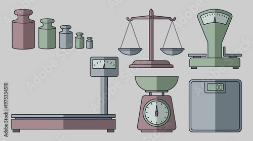 Vector illustration of various weighing scales including vintage balance kitchen bathroom digital scale and weights on gray background