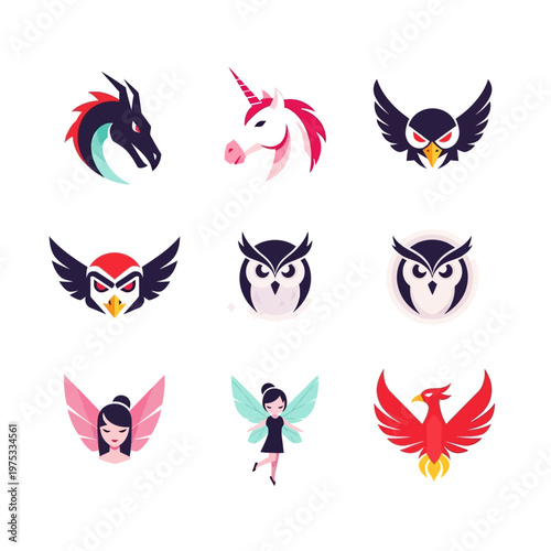 Mythical Creatures and Fantasy Icons: Dragon, Unicorn, Phoenix, Owl, Fairy, Eagle