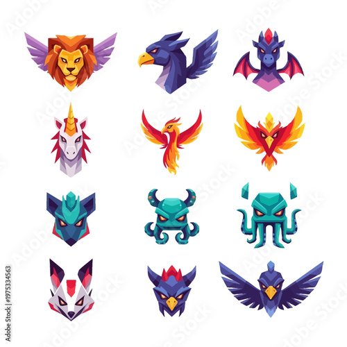 Mythical Creatures Emblems: Lion, Griffin, Dragon, Unicorn, Phoenix, Kraken, Fox, Bird