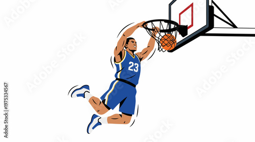 Dynamic illustration of a male basketball player in mid-air, performing an energetic slam dunk shot during a competitive game, showcasing athletic skill and passion