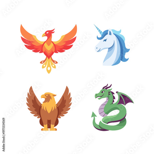 Mythical Creatures: Phoenix, Unicorn, Griffin, Dragon Icons Set
