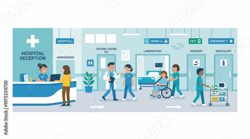 Modern hospital interior featuring reception, patient rooms, and medical staff attending to patients, illustrating healthcare services and hospital environment