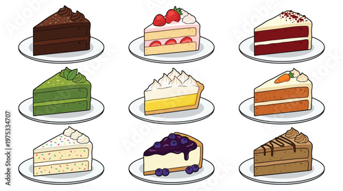 Set of Assorted Dessert Cake Slices Vector Illustration Including Chocolate Matcha Strawberry and Red Velvet