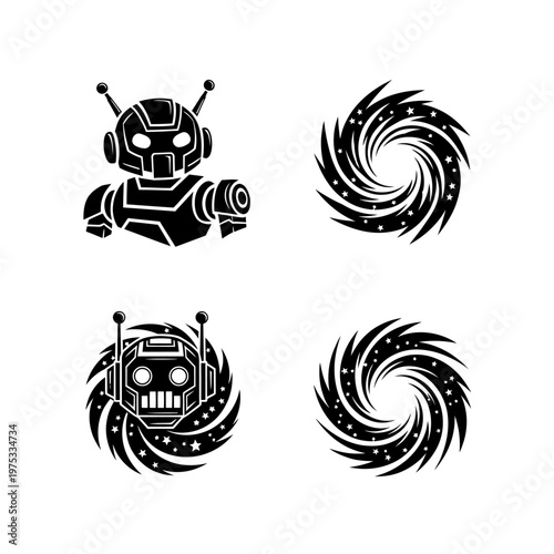 Robot Head and Swirling Galaxy Icons - Sci-Fi and Technology Set