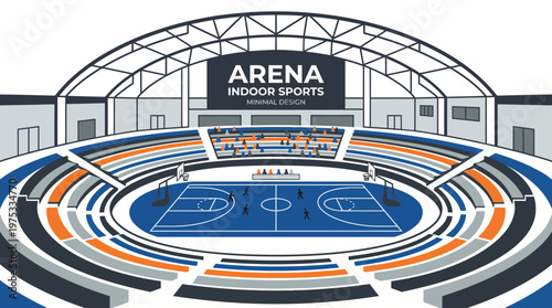Modern indoor arena with a basketball court and spectator seating, designed for sports events and competitions