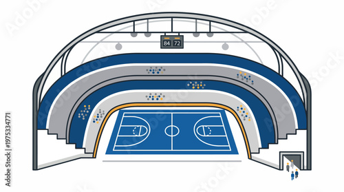 Detailed vector illustration of an indoor sports arena featuring a basketball court, multiple spectator seating levels, and a scoreboard, perfect for athletic event designs