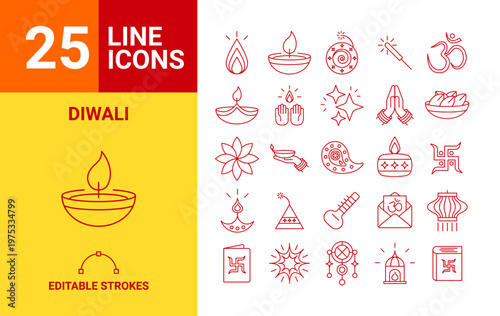 25 Diwali line icons editable stroke vector set