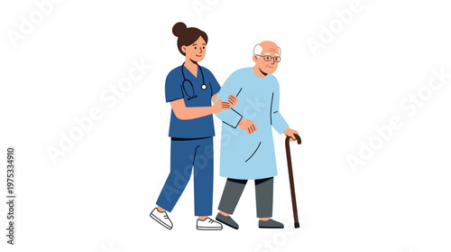 Professional nurse carefully assists an elderly patient with a walking stick, depicting compassionate senior care, mobility support, and health assistance