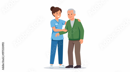 Caring nurse assisting an elderly gentleman with his arm around his shoulder, offering support and companionship