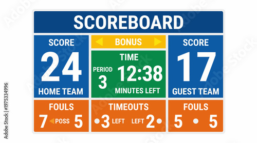 Vivid digital sports scoreboard illustration on a clean white background, displaying game statistics, scores, time, fouls, and timeouts for an active match
