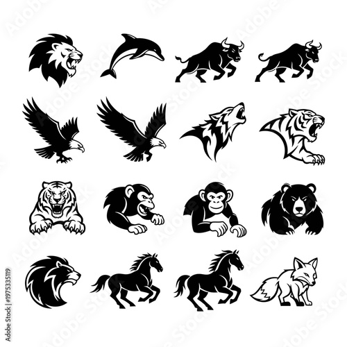 Wild Animal Silhouettes Collection: Lion, Dolphin, Bull, Eagle, Tiger, Wolf, Bear, Horse, Fox, Monkey
