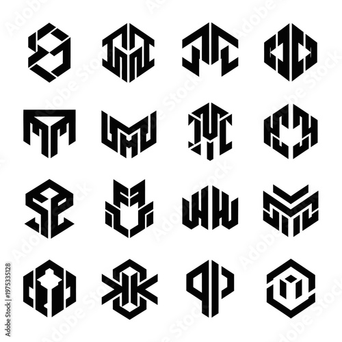 Wallpaper Mural Abstract Geometric Monograms and Logos - Black and White Hexagonal Shapes Torontodigital.ca