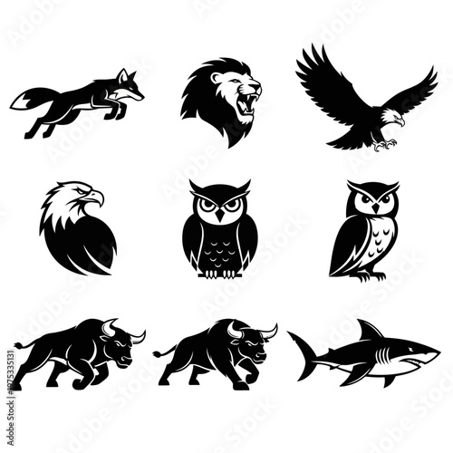 Wallpaper Mural Wild Animal Silhouettes Collection: Lion, Fox, Eagle, Owl, Bull, Shark Icons Torontodigital.ca