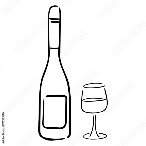 Hand-Drawn Wedding Champagne Bottle and Glass Doodle, Cute Celebration Bubbly Outline with Ribbon Bow for Marriage Banquet and Bar Menu.