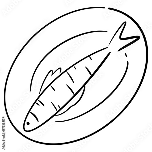 Hand-Drawn Wedding Fish Dish on Plate Doodle, Cute Grilled Seafood Entree Outline for Marriage Banquet, Catering Menu, and Party Feast Design.