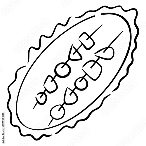 Hand-Drawn Wedding BBQ Skewers on Plate Doodle, Cute Grilled Meat Kabobs Outline for Marriage Garden Party, Catering Menu, and Outdoor Feast Design.
