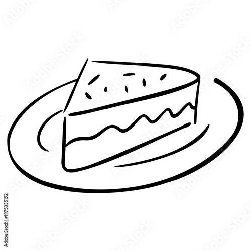 Hand-Drawn Wedding Cake Slice on Plate Doodle, Cute Tiered Dessert Outline for Marriage Banquet, Bakery Menu, and Party Design.