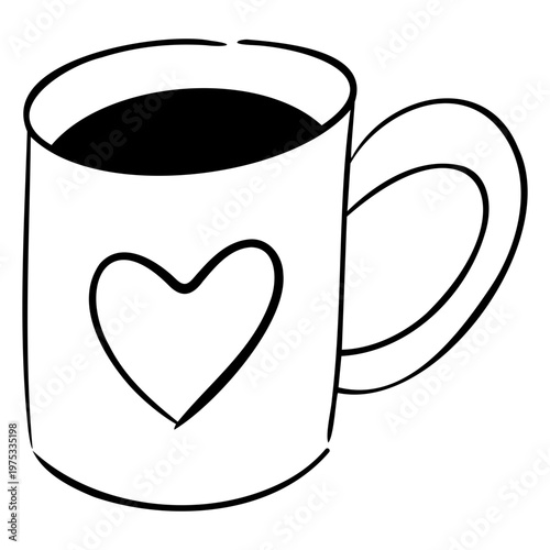 Hand-Drawn Wedding Coffee Cup Doodle, Cute Tea Cup with Saucer Outline for Marriage Breakfast and Reception Menu Design.