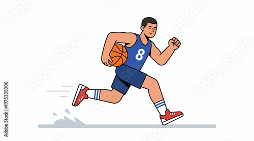 An athletic man in a blue jersey with the number 8, energetically dribbling a basketball while running across a white background