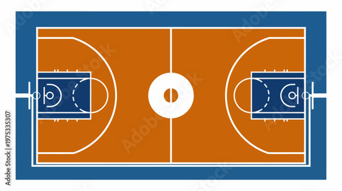 Top-down view of a regulation basketball court with detailed markings and clear boundary lines