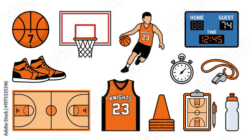 Vibrant vector illustration set showcasing a comprehensive array of basketball equipment, player apparel, court layout, and game-day accessories for sports enthusiasts