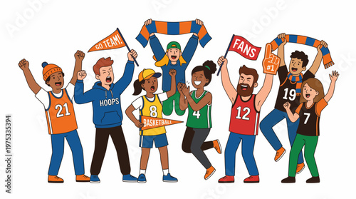 Enthusiastic basketball fans cheering with scarves and foam fingers in a colorful illustration
