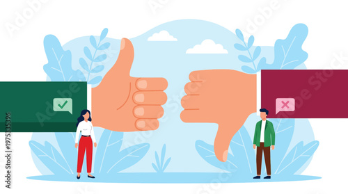 Business People Giving Feedback with Giant Thumbs Up and Thumbs Down Icons for Customer Satisfaction and Opinion Rating Concept