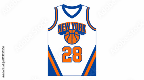 Vector artwork of a generic athletic uniform, showcasing a number and ball icon with blue and orange accents on a white background, suitable for apparel design