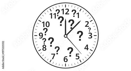 Confused Clock Face with Question Marks - Deadline Anxiety Vector Graphic Symbolizing Lost Time and Unknown Future, isolated on transparent background.