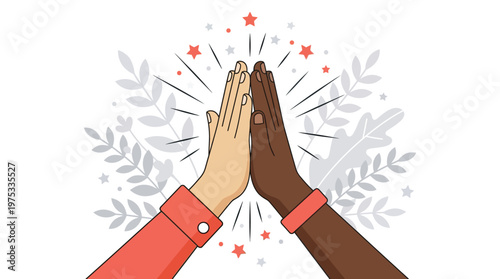 Multicultural hands giving high five celebrating business success and teamwork diversity illustration