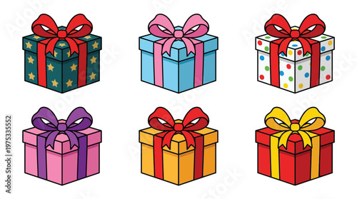 Set of Colorful Gift Boxes with Bows and Ribbons for Birthday Christmas and Celebration Vector Illustrations