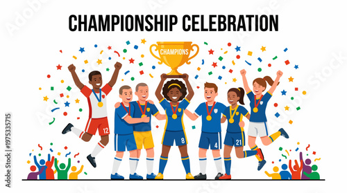 Diverse group of young athletes celebrating a championship victory with a trophy amidst a shower of confetti and cheers