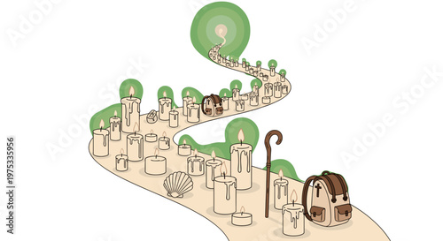 Pilgrimage Road with Candles and Backpack Vector Illustration, Spiritual Journey Concept, Isolated on transparent background, Way of Saint James Symbolism, Faith