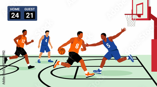 Basketball game in progress with players actively competing on the court under bright lights, illustrating the dynamic nature of the sport