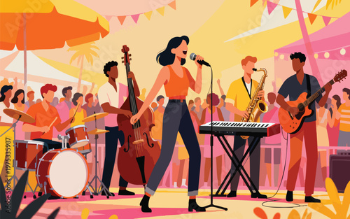 Summer Music Festival Vector Illustration with Live Band Singer and Outdoor Crowd