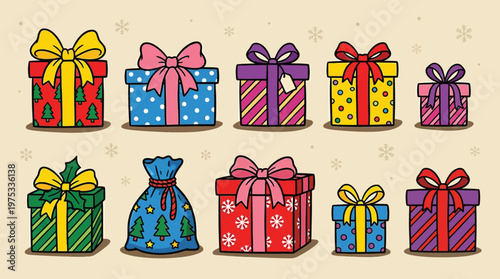 Colorful Christmas Holiday Gift Boxes and Santa Sack Illustration Set with Hand Drawn Doodle Style Vector Art