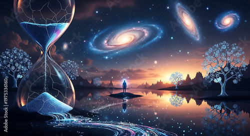 Imaginative cosmic hourglass flowing through a serene landscape under a sky filled with swirling galaxies and distant stars reflecting in calm water